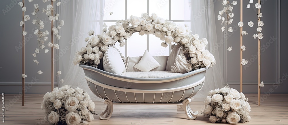 A cradle for a baby surrounded by white balls and roses in a gray room. A cradle for a baby surrounded by white balls and roses in a gray room.