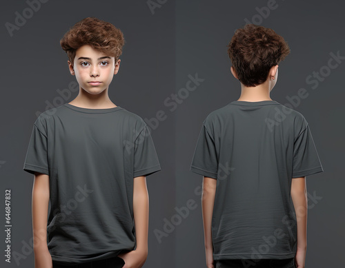 Front and back views of a little boy wearing a grey T-shirt