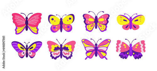 Colourful butterflies set isolated on white background.