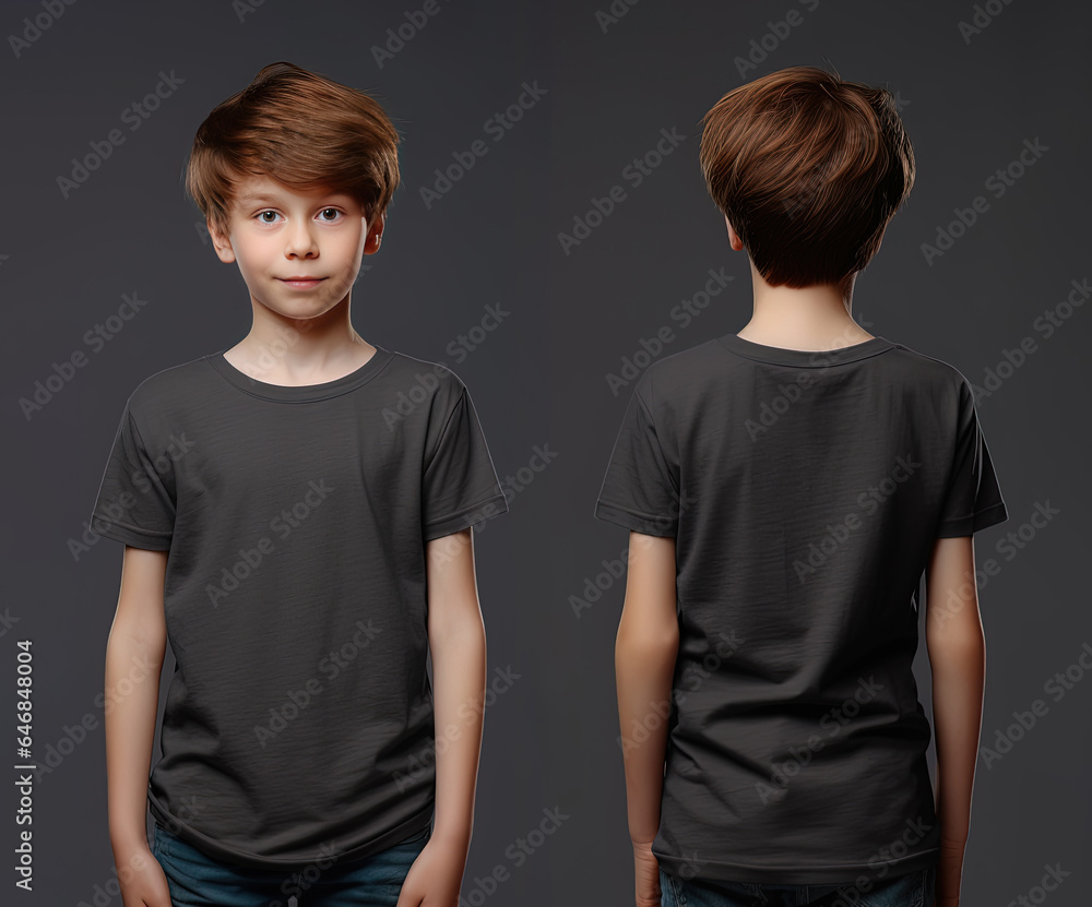 Front and back views of a little boy wearing a grey T-shirt Front and back views of a little boy wearing a grey T-shirt
