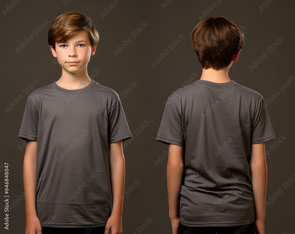 Front and back views of a little boy wearing a grey T-shirt Front and back views of a little boy wearing a grey T-shirt