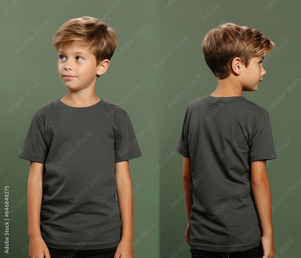 Front and back views of a little boy wearing a grey T-shirt Front and back views of a little boy wearing a grey T-shirt