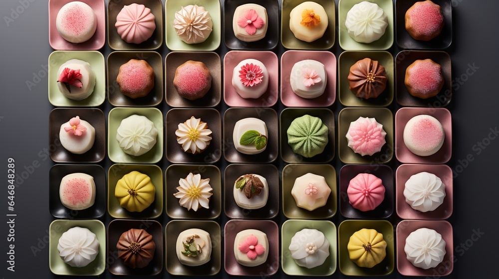 Generative AI, Japanese traditional confectionery cake wagashi, various types of sweets Generative AI, Japanese traditional confectionery cake wagashi, various types of sweets