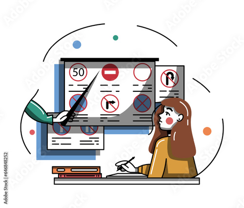 Young lady sitting in classroom and making notes, prepare for driving test concept. Practice at driving school. Learning and getting driving license. Flat vector illustration in blue colors
