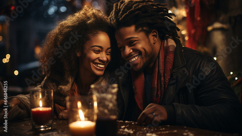 happy african american couple with christmas tree at home