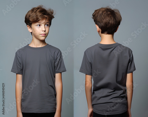 Front and back views of a little boy wearing a grey T-shirt