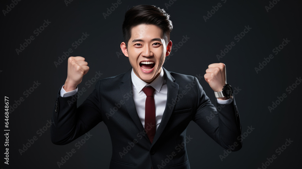Businessman joyfully raises his hands up celebrating victory and success in his work Businessman joyfully raises his hands up celebrating victory and success in his work