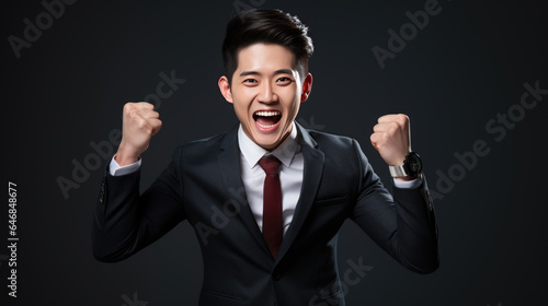 Businessman joyfully raises his hands up celebrating victory and success in his work