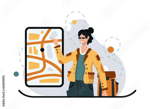Female looking at map on smartphone. Tourist searching for right route, using modern gadget. Flat vector illustration in yellow colors in cartoon style