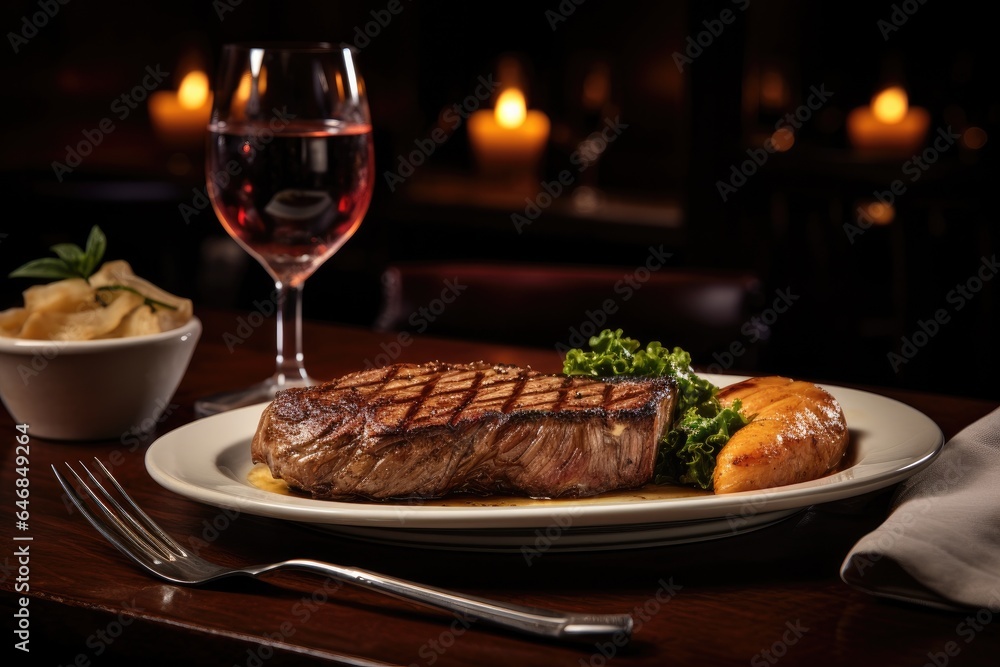 Generative ai of large, delicious steaks are served on a table in a restaurant, enjoyed by candlelight. Generative ai of large, delicious steaks are served on a table in a restaurant, enjoyed by candlelight.