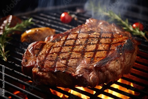 Generative ai of a perfectly grilled ribeye steak sizzling on a hot barbecue grill.