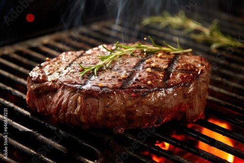 Generative ai of a perfectly grilled ribeye steak sizzling on a hot barbecue grill.