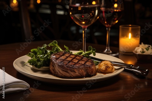 Generative ai of large, delicious steaks are served on a table in a restaurant, enjoyed by candlelight.