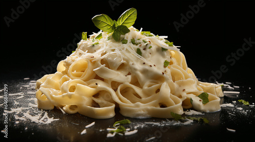 fettuccine alfredo with parmesan cheese isolated on black background. Generative AI.