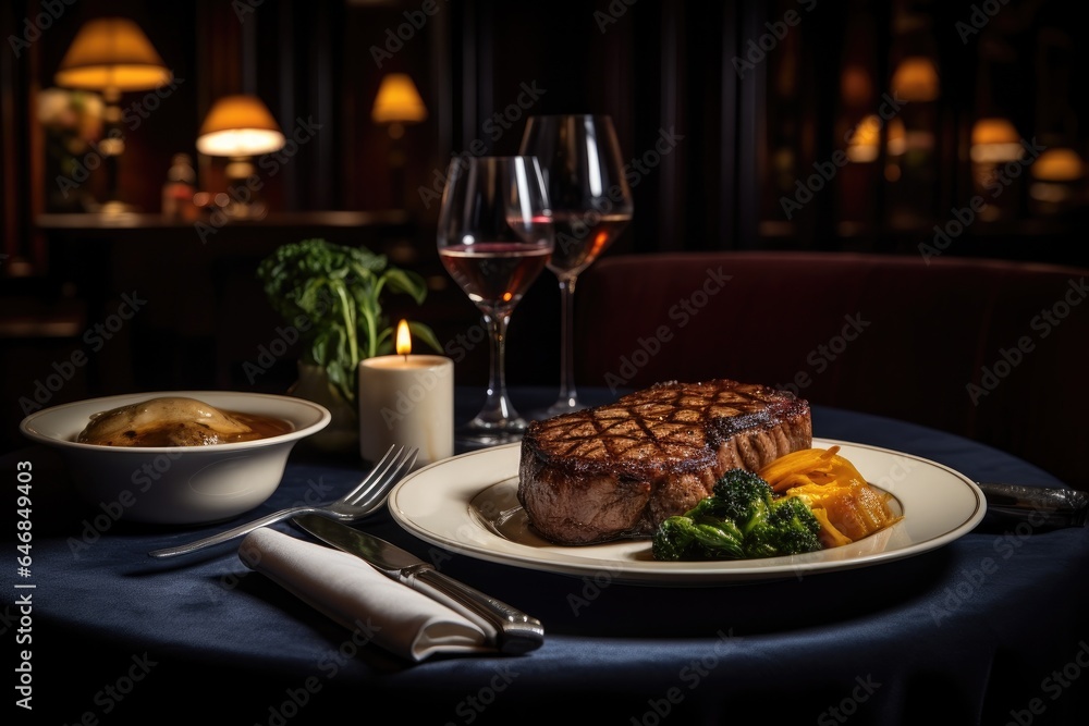 Generative ai of large, delicious steaks are served on a table in a restaurant, enjoyed by candlelight.