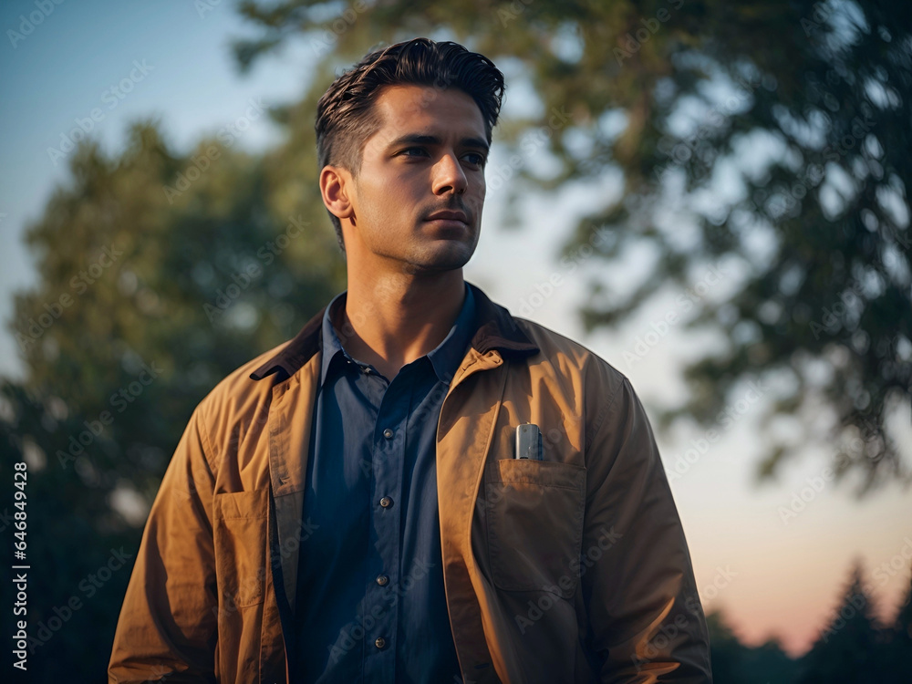 Attractive man in work clothes, holding tools and a US flag in his hands and looking into the distance against the background of trees, blue sky and sunset. View from the back. Labour Day Concept Attractive man in work clothes, holding tools and a US flag in his hands and looking into the distance against the background of trees, blue sky and sunset. View from the back. Labour Day Concept