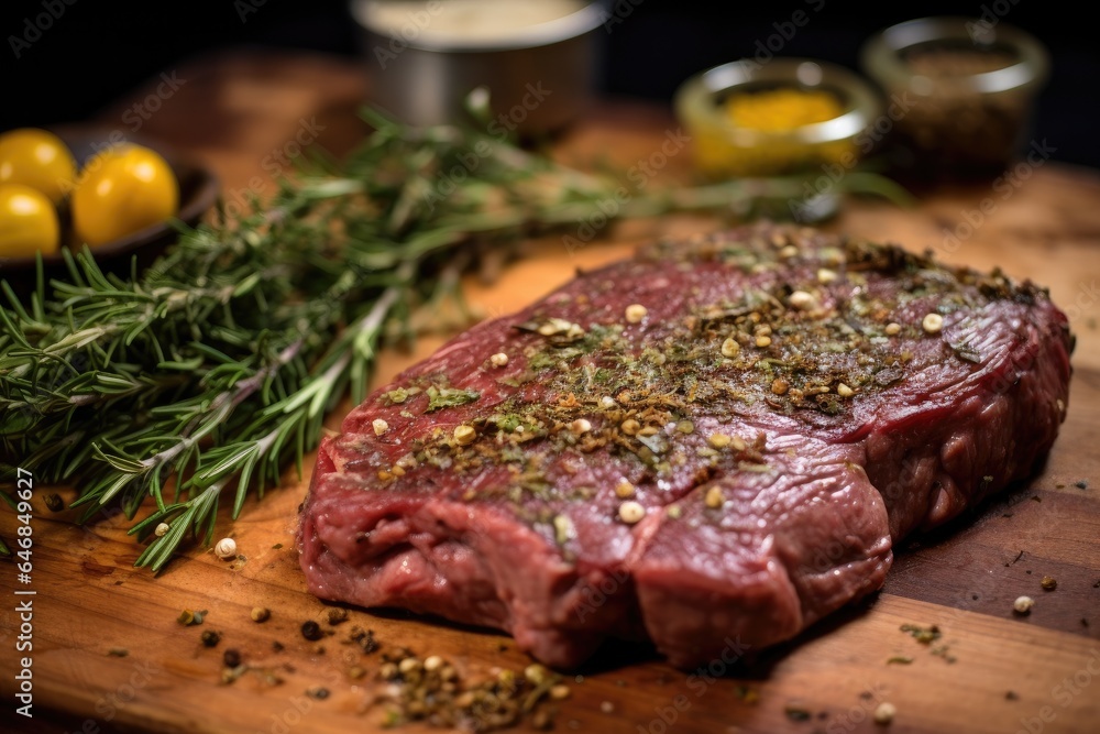 Closeup of beef steak is marinated with spices before being grilled. Generative ai Closeup of beef steak is marinated with spices before being grilled. Generative ai