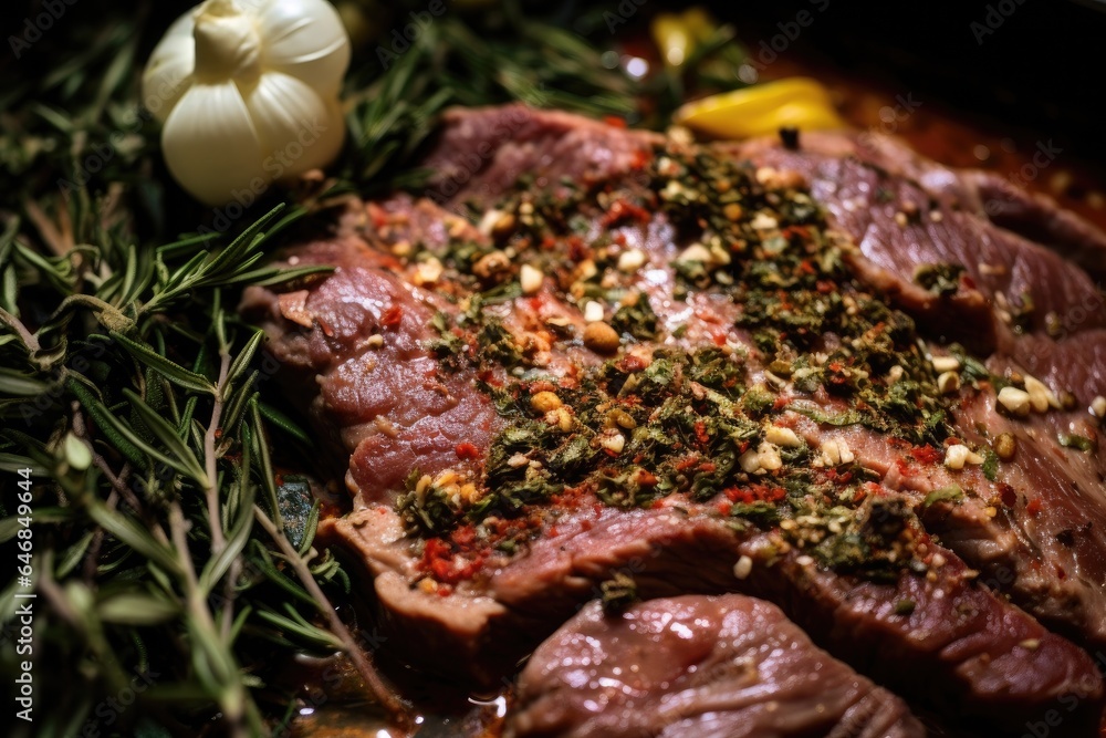 Closeup of beef steak is marinated with spices before being grilled. Generative ai