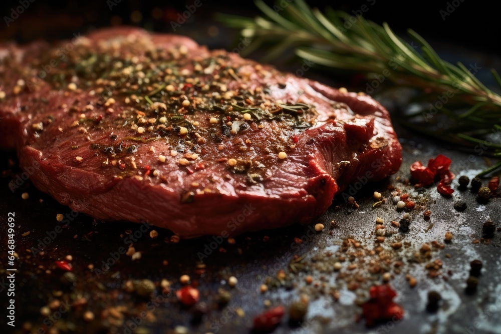 Closeup of beef steak is marinated with spices before being grilled. Generative ai Closeup of beef steak is marinated with spices before being grilled. Generative ai