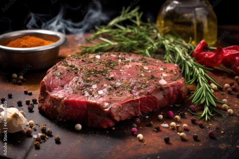 Closeup of beef steak is marinated with spices before being grilled. Generative ai Closeup of beef steak is marinated with spices before being grilled. Generative ai
