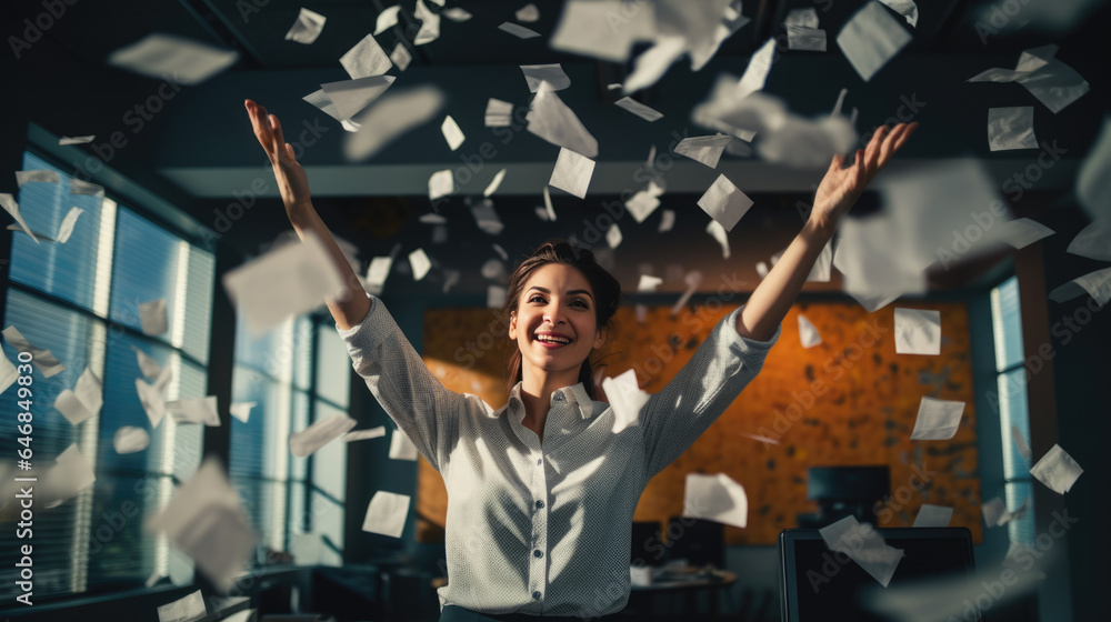 Happy businesswoman throwing papers in the air as a sign of victory and success in her work - obrazy, fototapety, plakaty 