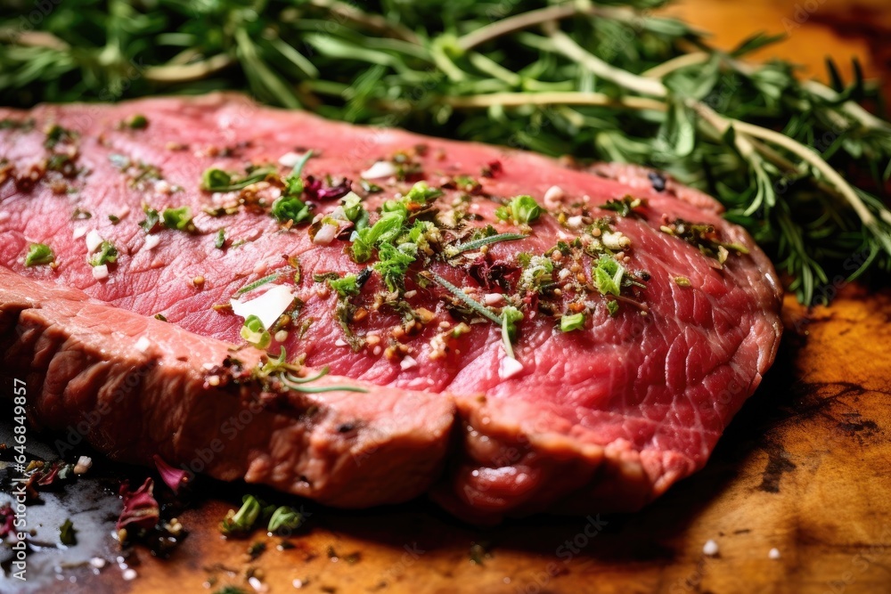 Closeup of beef steak is marinated with spices before being grilled. Generative ai Closeup of beef steak is marinated with spices before being grilled. Generative ai
