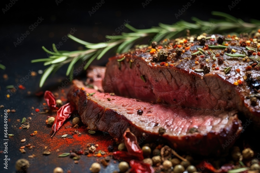 Closeup of beef steak is marinated with spices before being grilled. Generative ai Closeup of beef steak is marinated with spices before being grilled. Generative ai