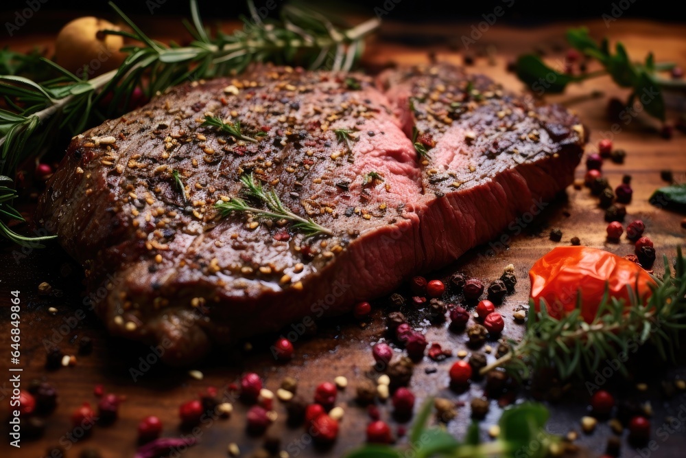 Closeup of beef steak is marinated with spices before being grilled. Generative ai Closeup of beef steak is marinated with spices before being grilled. Generative ai