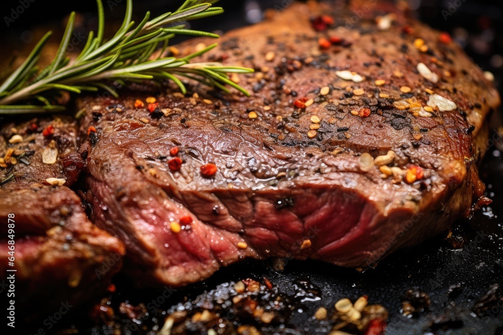 Closeup of beef steak is marinated with spices before being grilled. Generative ai Closeup of beef steak is marinated with spices before being grilled. Generative ai