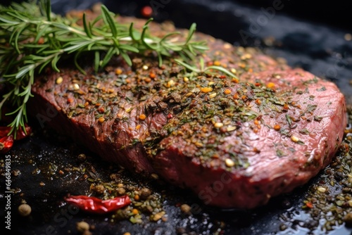 Closeup of beef steak is marinated with spices before being grilled. Generative ai