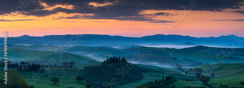 Wide banner panorama of the famous Podere Belvedere in Tuscany at sunrise