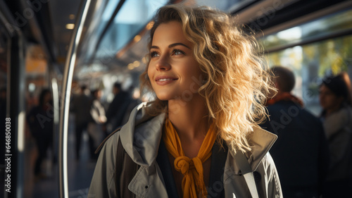 beautiful girl with long curly hair in a train station