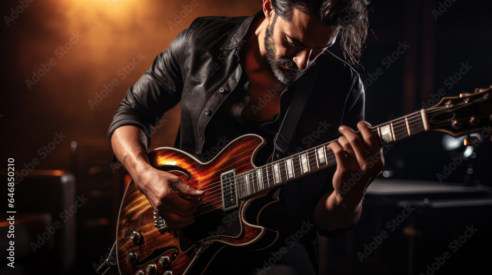 Obraz premium Male musician playing guitar at a rock concert