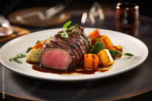 Generative ai of mouthwatering medium rare beef tenderloin steak with vegetables is placed on a plate on the dining table, ready to eat.