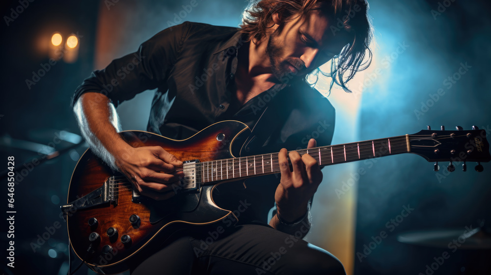 Obraz premium Male musician playing guitar at a rock concert