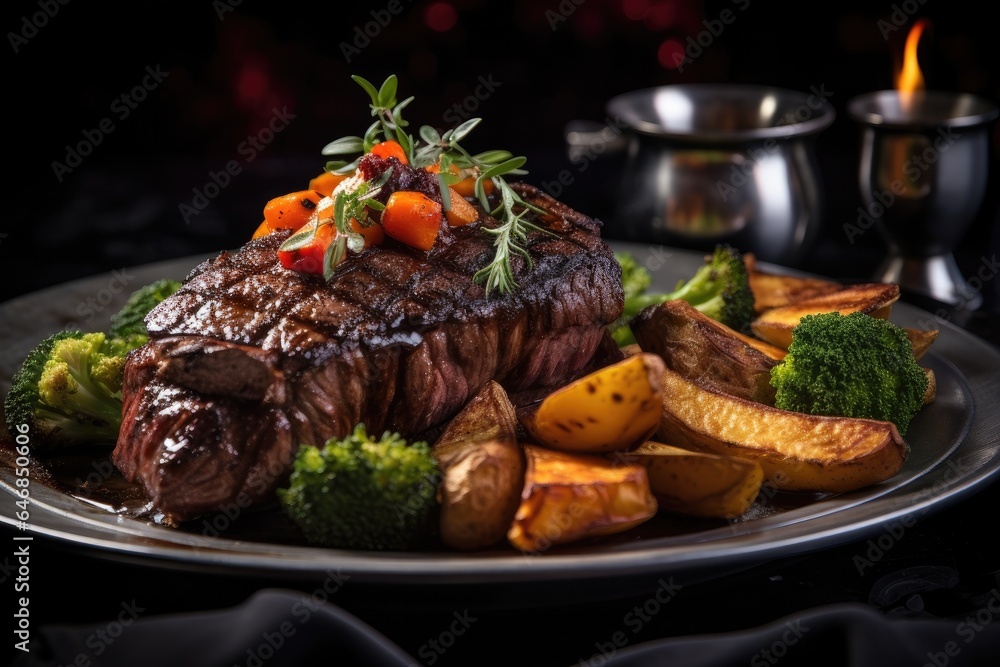 Generative ai of mouthwatering medium rare beef tenderloin steak with vegetables is placed on a plate on the dining table, ready to eat. Generative ai of mouthwatering medium rare beef tenderloin steak with vegetables is placed on a plate on the dining table, ready to eat.