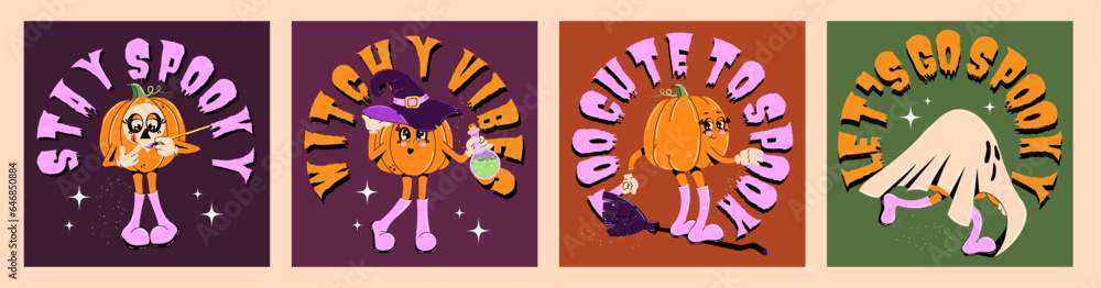 Cute collection of Halloween posters. Trendy retro groovy style. Funky pumpkin characters. Vector illustration for postcards, posters, flyers