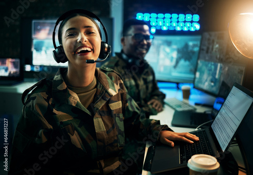 Army control room, computer and woman in smile, headset and tech communication. Security, global surveillance and portrait of soldier laughing at desk in military office at government command center.