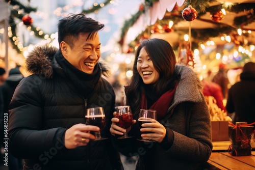 Two young cheerful asian people drinking mulled wine at the christmas market on a winter vacation
