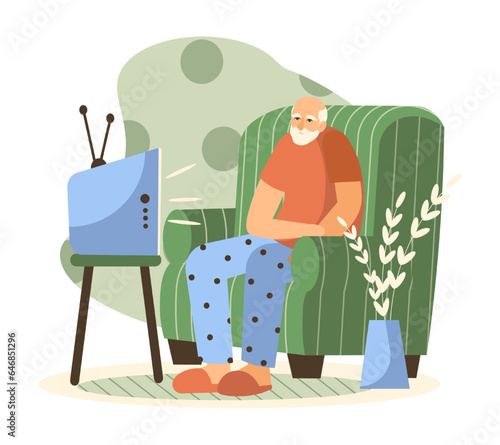 Adult male sitting in armchair and watching TV at home. Happy old age. Concept of life for older people, recreation. Flat vector illustration in cartoon style in green colors