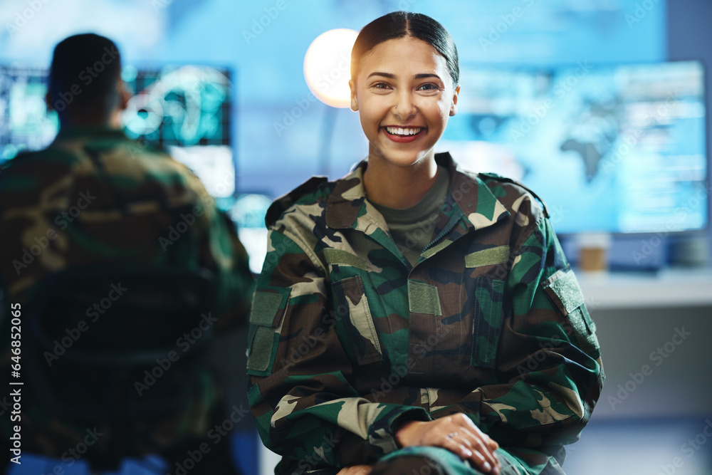 Portrait, smile and a woman in an army control room for strategy as a soldier in uniform during war or battle. Face, happy and young military person in an office for support, surveillance or service Portrait, smile and a woman in an army control room for strategy as a soldier in uniform during war or battle. Face, happy and young military person in an office for support, surveillance or service