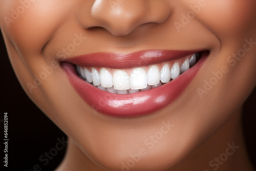 close up portrait of a black woman smiling with clean white teeth. perfect image for dentist advertising or marketing campaign