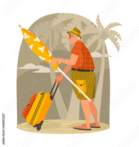Male coming with trolley bag to beach. Adult tourist traveling in warm countries. Tourism for senior people. Rest and travel concept. Flat vector illustration in yellow and orange colors