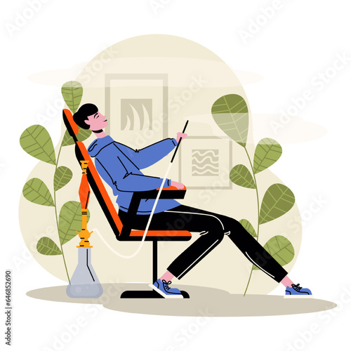 Man lying on couch, holding pipe and smoking. Hookah lounge club. Concept of tobacco smoking. Flat vector illustration in cartoon style in red and green colors