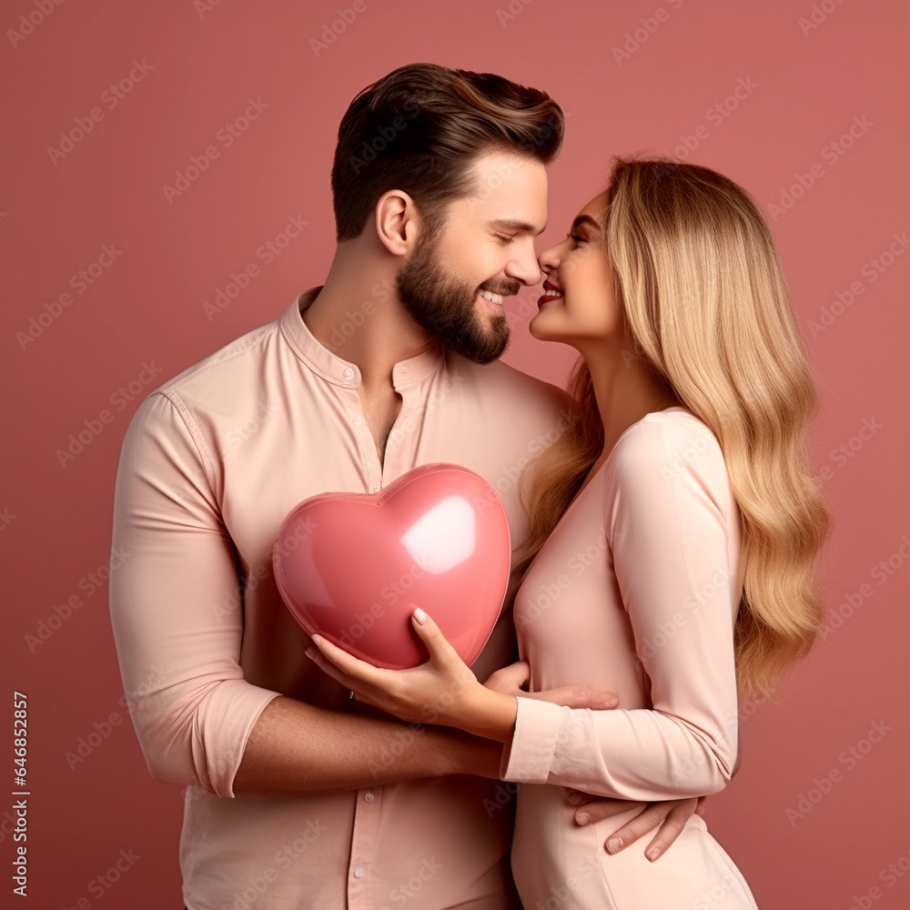 young woman kisses her beloved conductor in her hands a large inflatable heart celebrates Valentine's Day. Generative Ai
