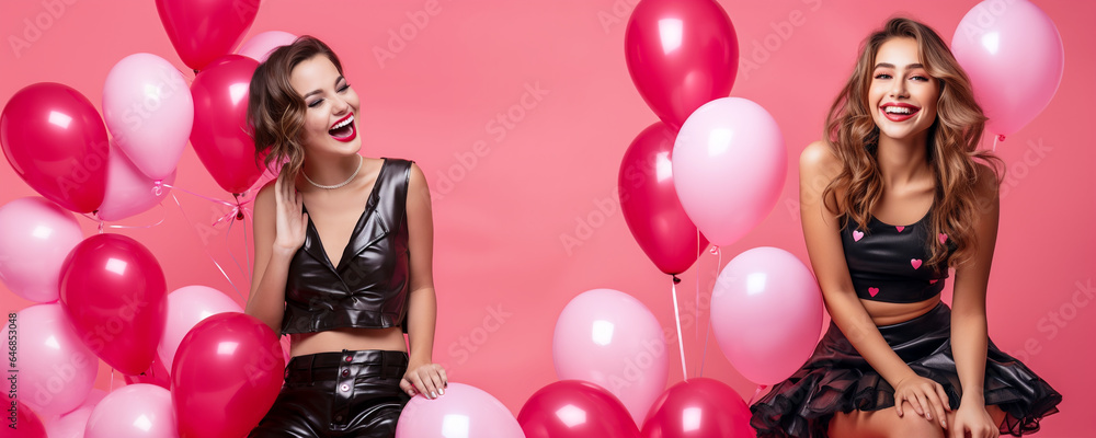 two beautiful young women surrounded by pink and red balloons. Generative Ai two beautiful young women surrounded by pink and red balloons. Generative Ai