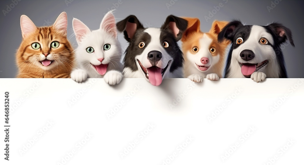 Funny dogs and cats over a white banner. - obrazy, fototapety, plakaty 