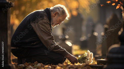 Older man putting flowers on headstone