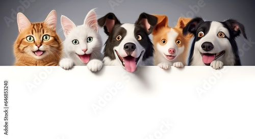 Funny dogs and cats over a white banner.
