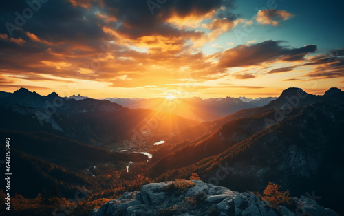 Sunrise on beautiful mountain peaks. Golden Hour. Landscape, travel hiking concept. © AllistairBot/Peopleimages - AI